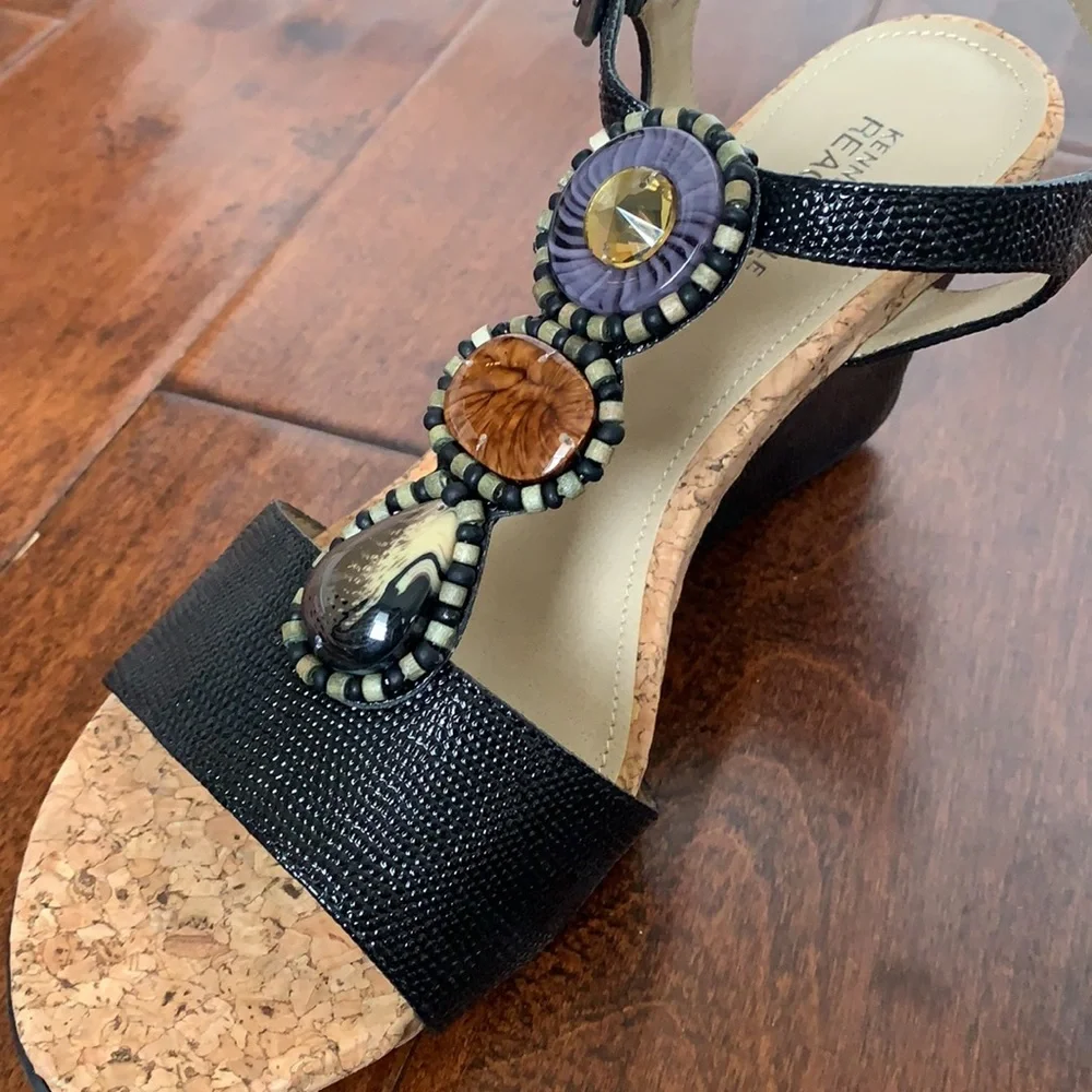 KENNETH COLE REACTION Black Snake Print Cork Wedges